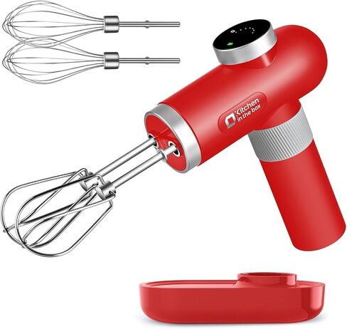 Kitchen in the box Cordless Rechargeable Hand Mixer for Kitchen, Portable Handheld Electric Mixer with Beaters, Whisks, 6-Speed Digital Display, Charging Base and USB-C Charge Cable (Cherry Red) in Saudi Arabia