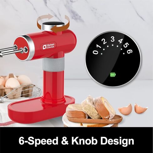 Kitchen in the box Cordless Rechargeable Hand Mixer for Kitchen, Portable Handheld Electric Mixer with Beaters, Whisks, 6-Speed Digital Display, Charging Base and USB-C Charge Cable (Cherry Red) in Saudi Arabia