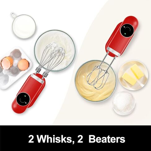 Kitchen in the box Cordless Rechargeable Hand Mixer for Kitchen, Portable Handheld Electric Mixer with Beaters, Whisks, 6-Speed Digital Display, Charging Base and USB-C Charge Cable (Cherry Red) in Saudi Arabia