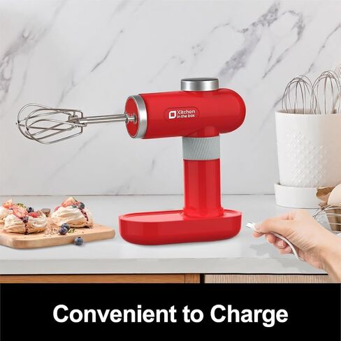 Kitchen in the box Cordless Rechargeable Hand Mixer for Kitchen, Portable Handheld Electric Mixer with Beaters, Whisks, 6-Speed Digital Display, Charging Base and USB-C Charge Cable (Cherry Red) in Saudi Arabia