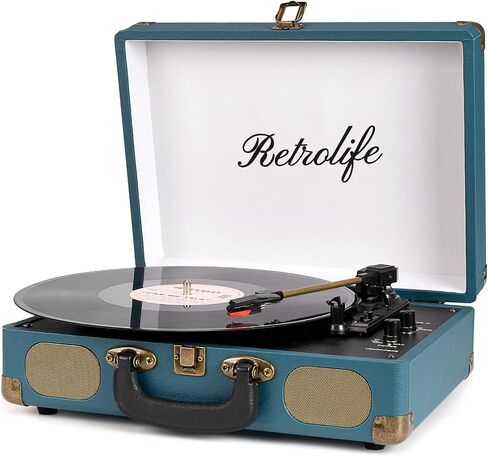 Retrolife® Record Player,3-Speed Bluetooth Suitcase Vinyl Player-Coral Blue | Built-in Stereo Speakers, Wireless Bluetooth Input, Belt-Driven,RCA&Headphone, Auto-Stop, for 7/10/12" Records, 33/45/78 RPM in Saudi Arabia