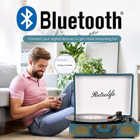 Retrolife® Record Player,3-Speed Bluetooth Suitcase Vinyl Player-Coral Blue | Built-in Stereo Speakers, Wireless Bluetooth Input, Belt-Driven,RCA&Headphone, Auto-Stop, for 7/10/12" Records, 33/45/78 RPM in Saudi Arabia