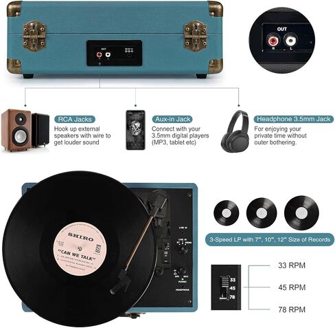 Retrolife® Record Player,3-Speed Bluetooth Suitcase Vinyl Player-Coral Blue | Built-in Stereo Speakers, Wireless Bluetooth Input, Belt-Driven,RCA&Headphone, Auto-Stop, for 7/10/12" Records, 33/45/78 RPM in Saudi Arabia