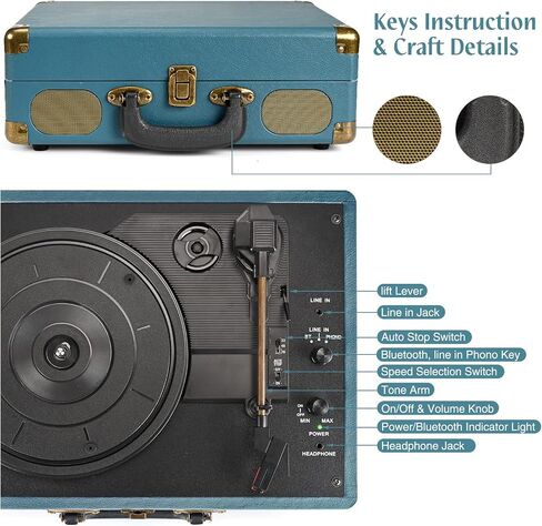 Retrolife® Record Player,3-Speed Bluetooth Suitcase Vinyl Player-Coral Blue | Built-in Stereo Speakers, Wireless Bluetooth Input, Belt-Driven,RCA&Headphone, Auto-Stop, for 7/10/12" Records, 33/45/78 RPM in Saudi Arabia