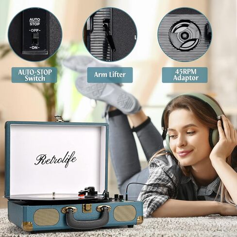 Retrolife® Record Player,3-Speed Bluetooth Suitcase Vinyl Player-Coral Blue | Built-in Stereo Speakers, Wireless Bluetooth Input, Belt-Driven,RCA&Headphone, Auto-Stop, for 7/10/12" Records, 33/45/78 RPM in Saudi Arabia