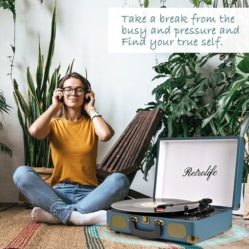 Retrolife® Record Player,3-Speed Bluetooth Suitcase Vinyl Player-Coral Blue | Built-in Stereo Speakers, Wireless Bluetooth Input, Belt-Driven,RCA&Headphone, Auto-Stop, for 7/10/12" Records, 33/45/78 RPM in Saudi Arabia