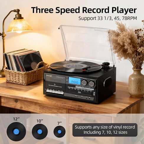 Seasonlife® Vinyl Record Player 10 in 1 Vintage Turntable, Retro Wood Black | Built-in Speakers,CD Cassette Tape Players,AM FM Radio,3 Speed,BT Input Output,USB SD AUX RCA Playback,Recording,Auto Stop in Saudi Arabia