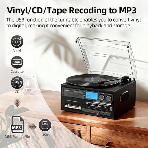 Seasonlife® Vinyl Record Player 10 in 1 Vintage Turntable, Retro Wood Black | Built-in Speakers,CD Cassette Tape Players,AM FM Radio,3 Speed,BT Input Output,USB SD AUX RCA Playback,Recording,Auto Stop in Saudi Arabia