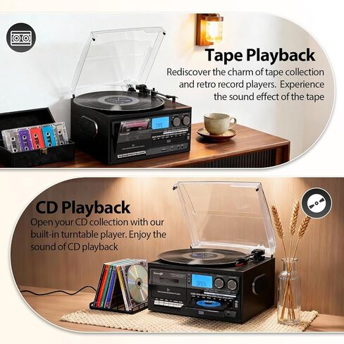 Seasonlife® Vinyl Record Player 10 in 1 Vintage Turntable, Retro Wood Black | Built-in Speakers,CD Cassette Tape Players,AM FM Radio,3 Speed,BT Input Output,USB SD AUX RCA Playback,Recording,Auto Stop in Saudi Arabia