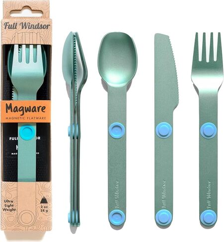 FULL WiNDSOR - MAGWARE Magnetic Travel Camping Cutlery Utensils Set | Travel Utensils for Outdoor Cooking, Dining, & Camping, Knife, Fork & Spoon, Portable Silverware & Pouch, Black (3 PCS) in Kuwait