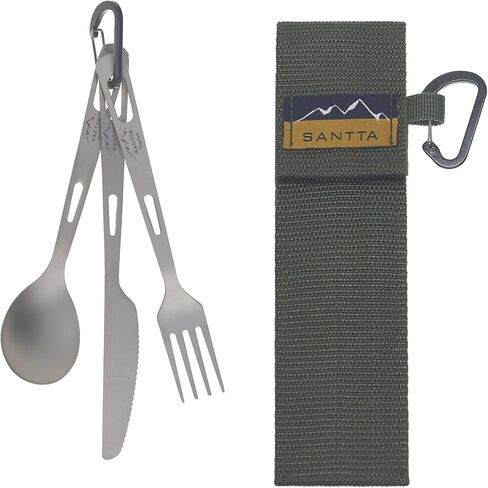 SANTTA Titanium Utensils-Spoon Fork Knife 3-PC Portable Cutlery Set | Ultralight 3 Pieces Flatware with Pouch & Carabiner for Outdoor Camping Backpacking in Saudi Arabia