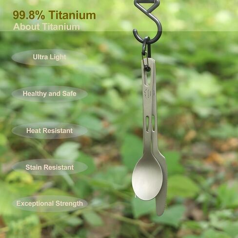 SANTTA Titanium Utensils-Spoon Fork Knife 3-PC Portable Cutlery Set | Ultralight 3 Pieces Flatware with Pouch & Carabiner for Outdoor Camping Backpacking in Saudi Arabia