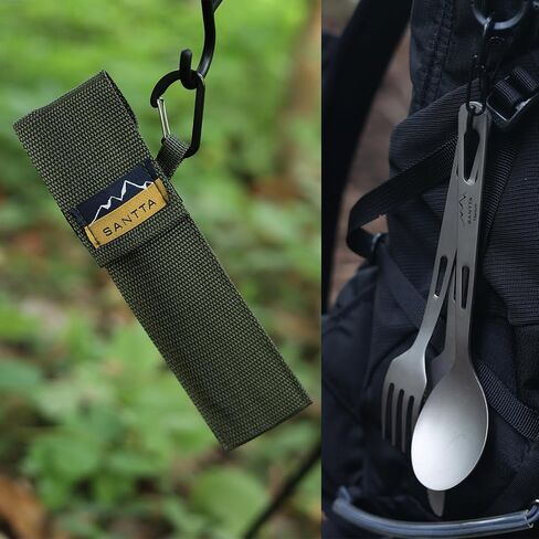 SANTTA Titanium Utensils-Spoon Fork Knife 3-PC Portable Cutlery Set | Ultralight 3 Pieces Flatware with Pouch & Carabiner for Outdoor Camping Backpacking in Saudi Arabia