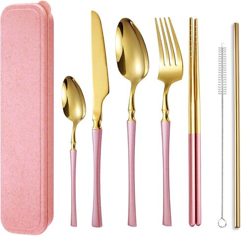 AARAINBOW 7 Pieces Stainless Steel Flatware Set Portable Reusable Cutlery Set Travel Utensils Set Including Chopsticks Knife Fork Spoon Straws Cleaning Brush Dishwasher Safe (B-Pink Golden) in Saudi Arabia