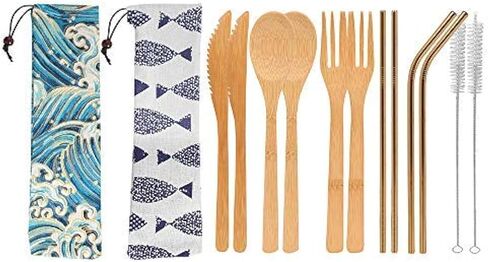UPTRUST 2 Set Bamboo Cutlery Set Bamboo Travel Utensil Reusable Table cutlery Fork Knife Spoon Chopsticks Straw Cleaning Brush for Travel Picnic School Office（Skyblue& Green） in Kuwait