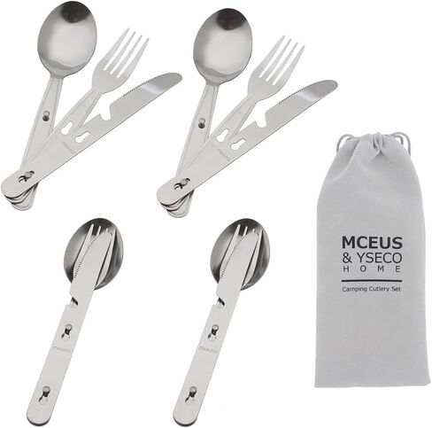 4-in-1 Camping Utensils Hiking Cutlery Set for 4, Portable Stainless Steel Flatware Spoon Fork, Knife & Bottle Opener Combo pack for Picnic Travel, Barbecue, Backpack Outdoor Gear with Carrying Bag in Kuwait