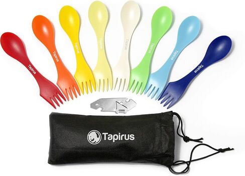 Tapirus - Camping Sporks to Go V8 Set - 7" BPA Free Plastic Sporks Reusable - Camping Spoon Fork Knife Combo with Bottle Opener & Case - For Hiking, Hunting, Backpacking Utensils, MREs - Pack of 8 in Saudi Arabia