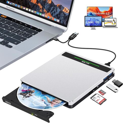 External CD Drive for Laptop: Portable DVD ROM Burner Plug & Play | USB3.0 USB C Optical CD/DVD Player with SD/TF/2 USB Ports, External CD Drive Compatible with Apple Mac Linux Window 11/10/8/7 in Saudi Arabia