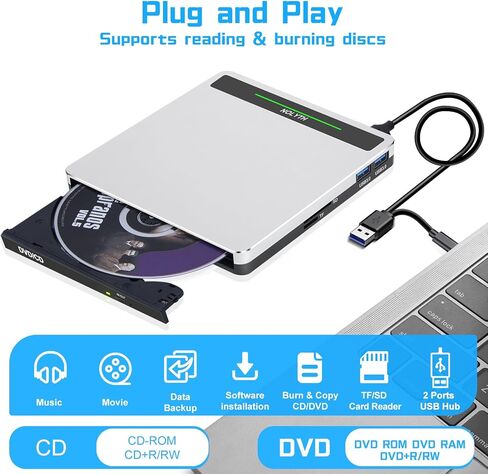 External CD Drive for Laptop: Portable DVD ROM Burner Plug & Play | USB3.0 USB C Optical CD/DVD Player with SD/TF/2 USB Ports, External CD Drive Compatible with Apple Mac Linux Window 11/10/8/7 in Saudi Arabia