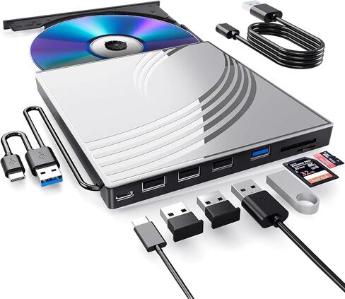 BPAKDU External CD/DVD Drive for Laptop, Ultra Slim CD Burner USB 3.0 Hub with 4 USB Ports, 2 TF/SD Card Slots,1 Type-C Port,DVD Player for Laptop Compatible with mac OS/Windows/Linux (Black) in Saudi Arabia
