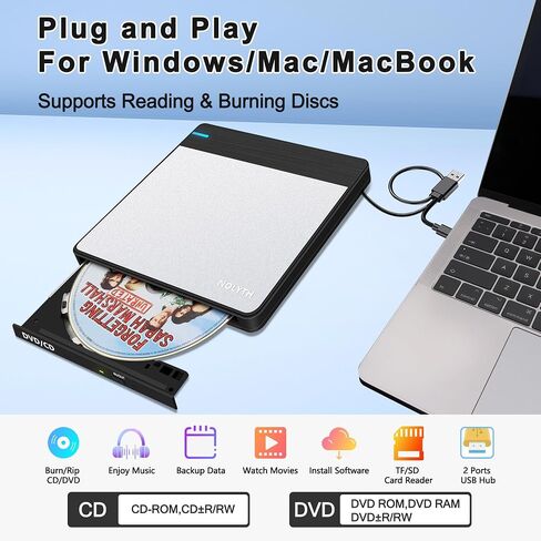 External CD Drive for Laptop: DVD Player for Mac Windows Plug & Play | External CD DVD Drive for Mac PC MacBook Windows 11, Slim USB Burner for Laptop with SD/TF/2 USB Ports, High-Speed Read Write in Saudi Arabia