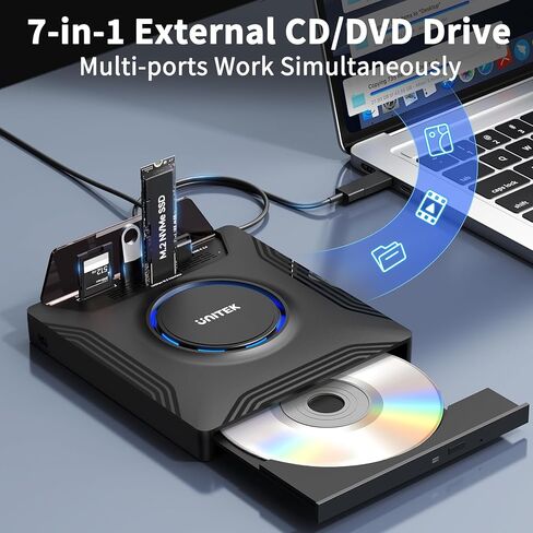 Unitek External CD DVD Drive, Portable Laptop Optical Disc Burner with M.2 | 7 in 1 External CD DVD Drive Laptop CD DVD Reader with M.2/USB 2.0 and SD/Micro SD Card Slot for Windows/Mac OS/Linux/Vista in Kuwait