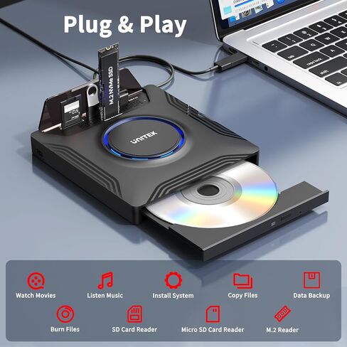 Unitek External CD DVD Drive, Portable Laptop Optical Disc Burner with M.2 | 7 in 1 External CD DVD Drive Laptop CD DVD Reader with M.2/USB 2.0 and SD/Micro SD Card Slot for Windows/Mac OS/Linux/Vista in Kuwait