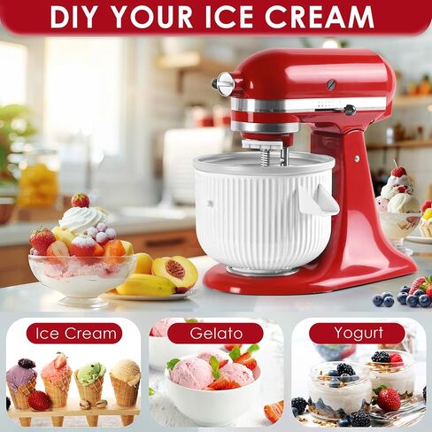 Ice Cream Maker Attachment for Kitchenaid Stand Mixers, 2 QT Freezer Bowl | Compatible with Kitchenaid 4.5/5QT & 6QT, Dasher and Drive Assembly, Home Frozen Desserts, Hand Wash Only, Double-Insulated in Saudi Arabia