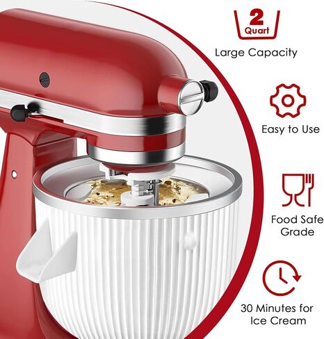 Ice Cream Maker Attachment for Kitchenaid Stand Mixers, 2 QT Freezer Bowl | Compatible with Kitchenaid 4.5/5QT & 6QT, Dasher and Drive Assembly, Home Frozen Desserts, Hand Wash Only, Double-Insulated in Saudi Arabia