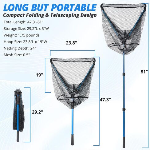 81" Long Landing Net - Retractable Large Fishing Net with Telescoping Long Handle, Rubber Coated Polyethylene Netting - Easy Folding in Saudi Arabia