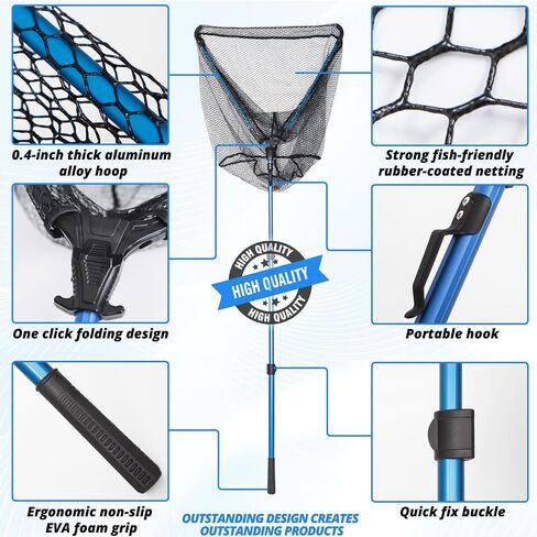 81" Long Landing Net - Retractable Large Fishing Net with Telescoping Long Handle, Rubber Coated Polyethylene Netting - Easy Folding in Saudi Arabia