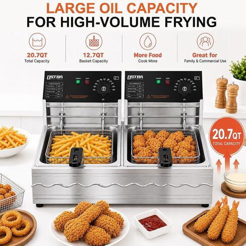 OSTBA 20.7QT Commercial Electric Deep Fryer with Basket, Stainless Steel | 3200W Heating with Adjustable 140–390℉ Temperature Control, Removable Oil Tank and Lid for Restaurant, Food Truck and Home in Saudi Arabia