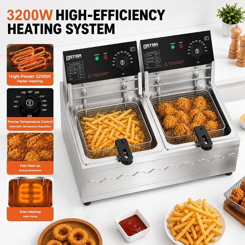 OSTBA 20.7QT Commercial Electric Deep Fryer with Basket, Stainless Steel | 3200W Heating with Adjustable 140–390℉ Temperature Control, Removable Oil Tank and Lid for Restaurant, Food Truck and Home in Saudi Arabia