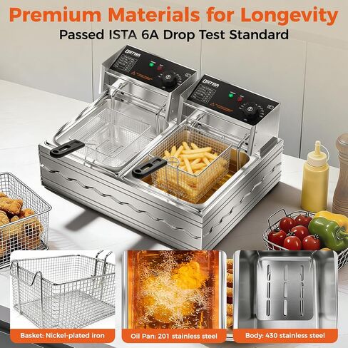 OSTBA 20.7QT Commercial Electric Deep Fryer with Basket, Stainless Steel | 3200W Heating with Adjustable 140–390℉ Temperature Control, Removable Oil Tank and Lid for Restaurant, Food Truck and Home in Saudi Arabia