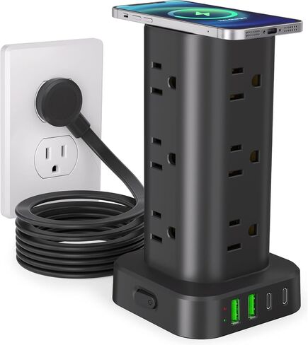 Power Strip Tower with Multiple Outlets, Flat Plug Surge Protector Tower Extension Cord with 12 AC Outlets 4 USB Ports (2 USB C), 15FT Cord Power Tower Surge Protector for Home Office Dorm Room, White in Saudi Arabia