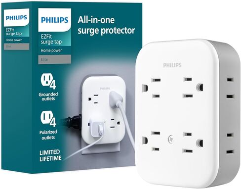 Philips All-in-One Surge Tap, 4 Grounded & 4 Polarized Outlets | 1140 Joules, Adapter-Spaced Design, ETL Certified, White/Gray, SPP3993W/37 in Kuwait