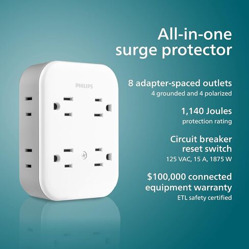 Philips All-in-One Surge Tap, 4 Grounded & 4 Polarized Outlets | 1140 Joules, Adapter-Spaced Design, ETL Certified, White/Gray, SPP3993W/37 in Kuwait