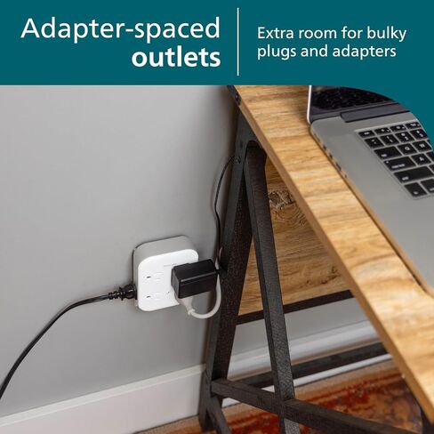 Philips All-in-One Surge Tap, 4 Grounded & 4 Polarized Outlets | 1140 Joules, Adapter-Spaced Design, ETL Certified, White/Gray, SPP3993W/37 in Kuwait