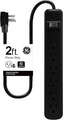 GE 6-Outlet Power Strip, 2ft Cord, Wall Mount, Integrated Circuit Breaker, 15A, 1800W, UL Listed, Black, 14831 | Flat Plug, Wall Mount, On Off Switch, Home Office Dorm Essentials, UL Safety Listed, Black, 14831 in Saudi Arabia