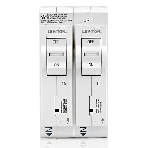 Leviton LSPD2-T Surge Protective Device with Two 20A 1-Pole Plug-On Standard Branch Circuit Breakers, Thermal Magnetic, 120/240 VAC, White in Saudi Arabia