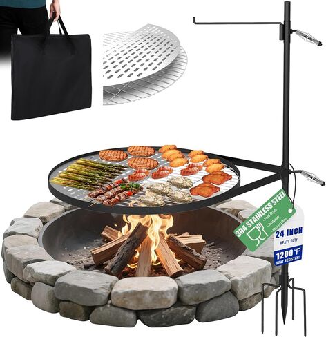 24" Fire Pit Grill w/304 Stainless Steel Grate, Grill Tray | Swivel Grill Grate, Portable Carry Bag, Height Adjustable, Easy Setup, Perfect for Hiking, Picnics & Family BBQs in Saudi Arabia