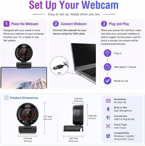 4K Webcam for PC Computer PDAF Autofocus with Built-in Microphone Windows | 1080P@60fps, Privacy Cover, Dual Noise Cancel Mics, 8X Digital Zoom, 78° FOV, Compatible Zoom Teams Twitch Google Meet in Saudi Arabia