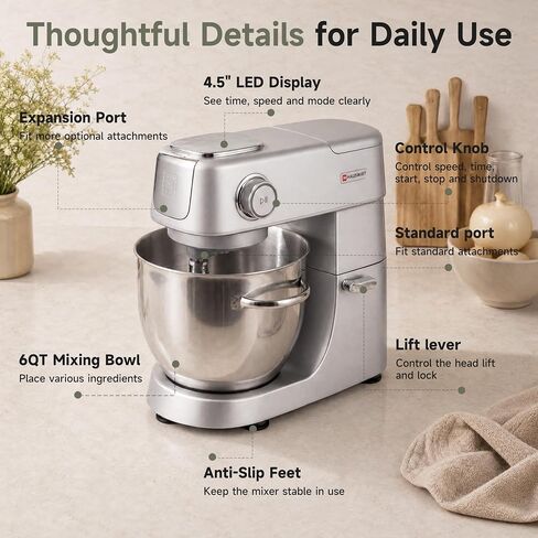 Hauswirt Stand Mixer 6QT XL Large, 4.5" LED Touch Screen Electric Household Stand Up Mixer, Full Metal Structure Standing Mixer 11-Speed, Dough Cake Bread Mixer – Silver in Saudi Arabia