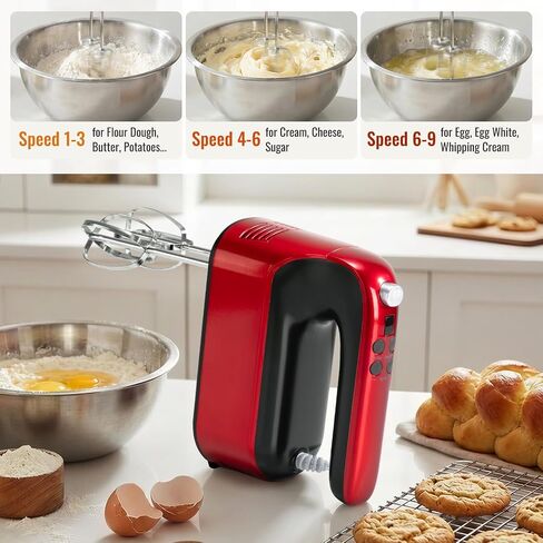 CBQ Hand Mixer Electric, 9 Speed 400W Handheld Mixer with Digital, Touch Button, Turbo, Snop-On Storage Case, 5 Stainless Steel Accessories, Hand Mixer Electric Handheld for Cake, Cookie, Egg (Red) in Saudi Arabia