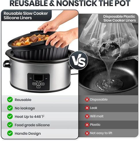 Silicone Slow Cooker Liners Compatible with Crock Pot 6 QT,Reusable,Black | Food Grade Silicone,Leakproof,Crock Pot Liners For 6 Quart Oval or Round Slow Cookers,Fit Crockpot | Dishwasher Safe,BPA Free in Saudi Arabia