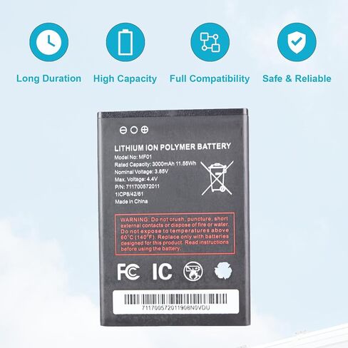 MF01 Lithium ion Polymer Battery - Replacement Model MF01 Battery | MF01 for AT&T Turbo Hotspot 2 (CT2MH507) High Capacity Lithium ion Polymer 3000mAh in Kuwait