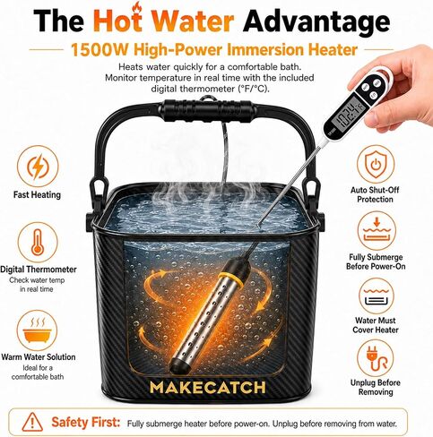 Camping Shower Kit with Pump and Separate 1500W Immersion Heater | 6000mAh IPX8 Pump, 5-Gallon Square Foldable Bucket and 4-Mode Shower Head for Camping, RV, Pet Washing and Beach Rinsing in Saudi Arabia