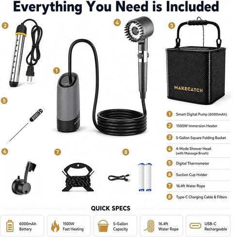 Camping Shower Kit with Pump and Separate 1500W Immersion Heater | 6000mAh IPX8 Pump, 5-Gallon Square Foldable Bucket and 4-Mode Shower Head for Camping, RV, Pet Washing and Beach Rinsing in Saudi Arabia