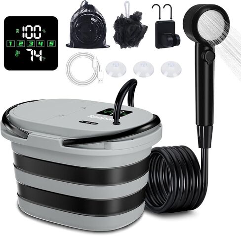 Spopal Portable Integrated Camping Shower with 20L Bucket, 13000mAh | Temperature Measurement & Fruit Washing Mode, LED Digital Display, IPX8 Waterproof for Hiking, Travel, Car, Pet in Saudi Arabia