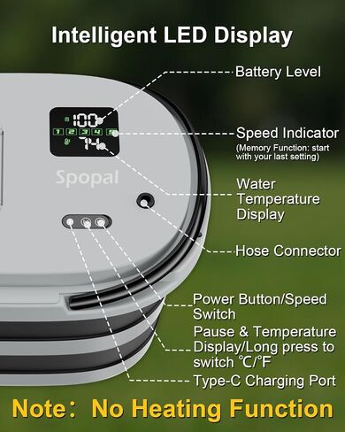 Spopal Portable Integrated Camping Shower with 20L Bucket, 13000mAh | Temperature Measurement & Fruit Washing Mode, LED Digital Display, IPX8 Waterproof for Hiking, Travel, Car, Pet in Saudi Arabia